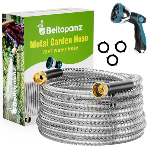 Beitopamz Garden Hose 75 ft Stainless Steel Metal Water Hose with Nozzle Flexible and Durable Rust Proof NoKink Heavy Duty Leakproof 34 Brass Fittings Lightweight Hose for Patio Lawn - Image 1