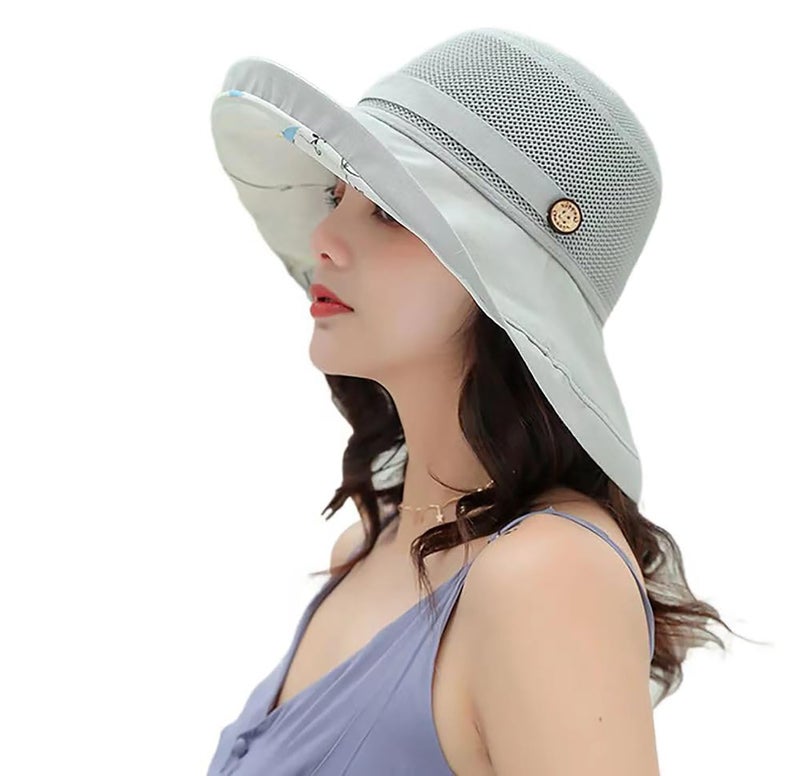 Women's Sun Bucket Hat Summer Beach UV Protection UPF Large Wide Brim Packable Mesh Hat Grey