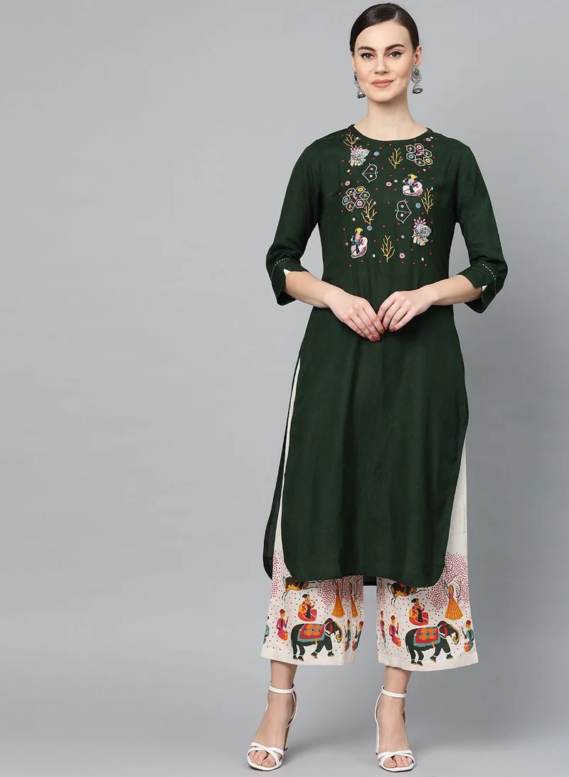 ISHIN Women's Green 100% Cotton Embellished Regular Fit Kurta Set