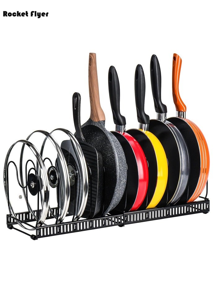 صاروخ فلاير رف تخزين القدر القابل للتوسيع - 10 حجرات قابلة للتعديل، صواني الخبز وأغطية أواني الطهي، رف التخزين - خزائن المطبخ، الخزائن، الأسطح، رف التخزين في المخزن (أسود) - Image 1