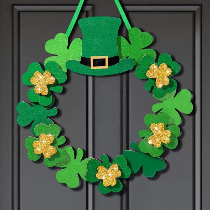 Yookeer St Patricks Day Shamrock Door Wreath Shamrocks Wooden Hanging Sign Lucky Irish Ornament Wood Wreath for Happy St Patricks Day Party Front Door Wall Home DecorationsGlitter Style