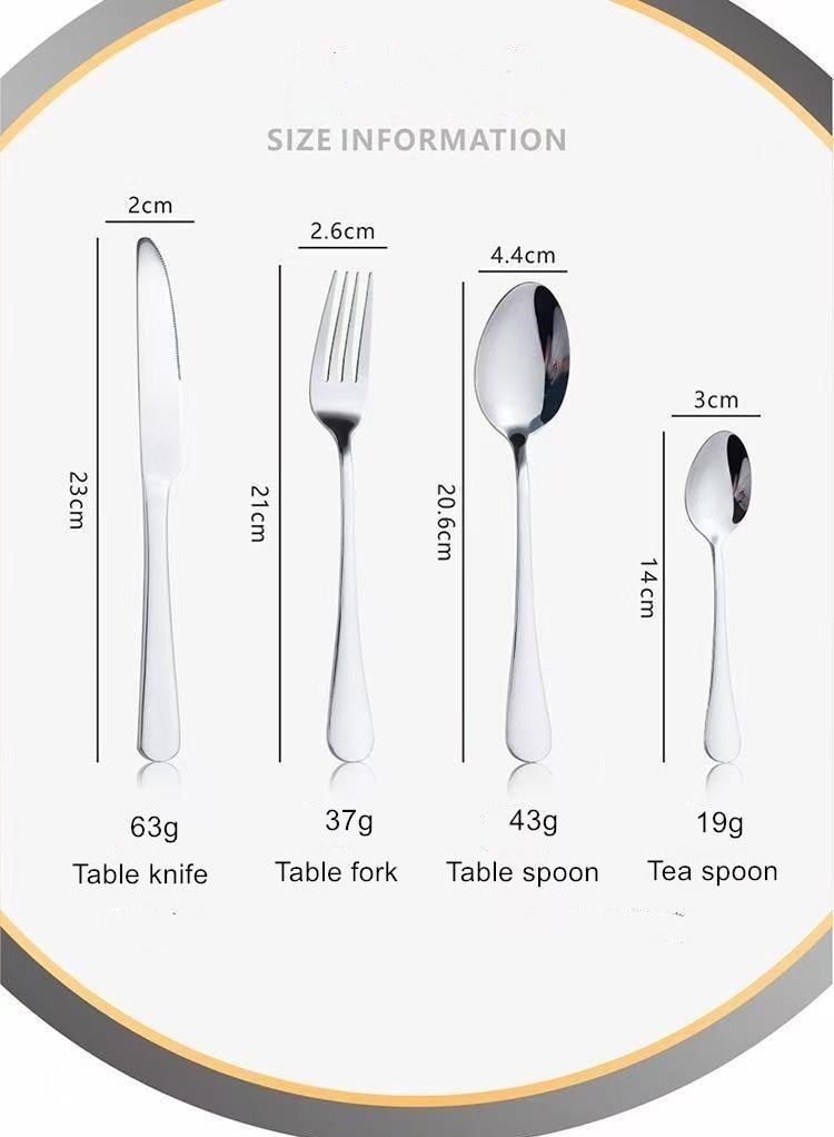 طقم سكاكين وشوك وملعقة من الفولاذ المقاوم للصدأ 24 قطعة مناسب للفنادق والمطاعم العائلية ملعقة طاولة رئيسية * 6 شوكة طاولة رئيسية * 6 سكين طاولة رئيسية * 6 ملعقة حلوى * 6 - Image 3