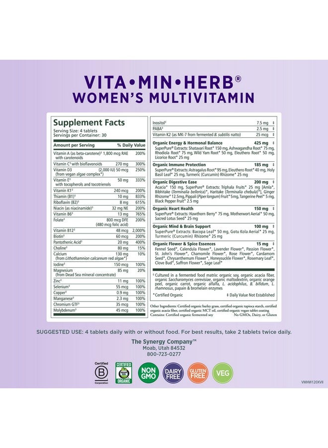 بيور سينرجي PURE SYNERGY Vita·Min·Herb للنساء | مكمل متعدد الفيتامينات الشامل للنساء | مصنوع من مكونات عضوية كاملة غير معدلة وراثيًا ونباتية | يدعم الطاقة وصحة المناعة (120 قرصًا) - Image 2