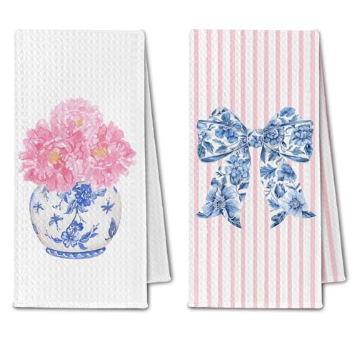 ChissNook Chinoiserie Floral Kitchen Towels, Pink Coquette Bow Floral Hand Towels for Bathroom Set of 2, Blue and White Kitchen Decor, 16x24 Inch - Image 1