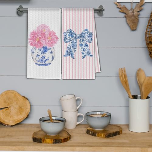 ChissNook Chinoiserie Floral Kitchen Towels, Pink Coquette Bow Floral Hand Towels for Bathroom Set of 2, Blue and White Kitchen Decor, 16x24 Inch - Image 4