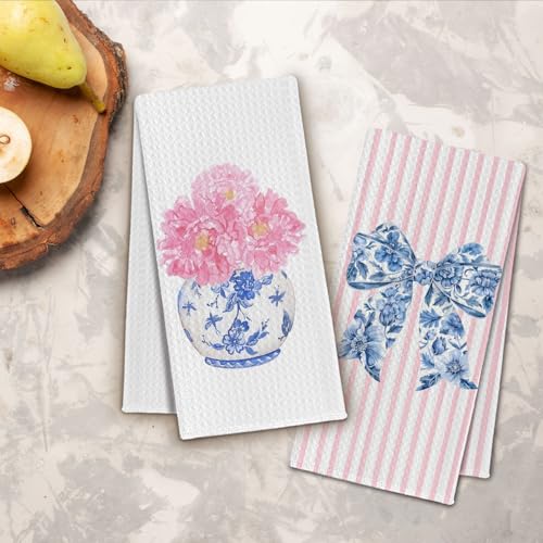 ChissNook Chinoiserie Floral Kitchen Towels, Pink Coquette Bow Floral Hand Towels for Bathroom Set of 2, Blue and White Kitchen Decor, 16x24 Inch - Image 3