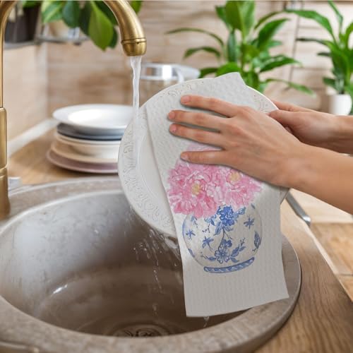 ChissNook Chinoiserie Floral Kitchen Towels, Pink Coquette Bow Floral Hand Towels for Bathroom Set of 2, Blue and White Kitchen Decor, 16x24 Inch - Image 2