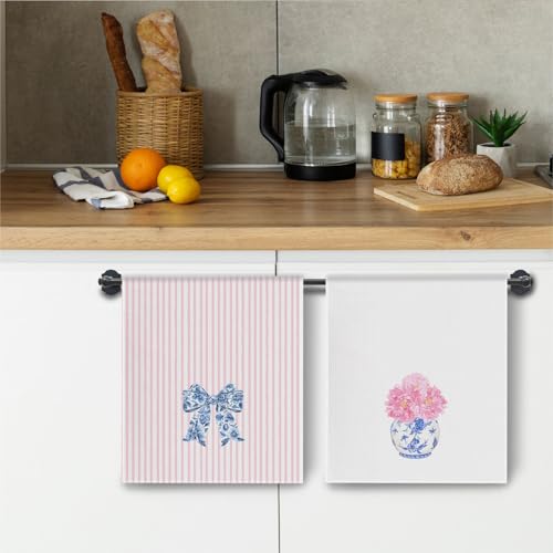 ChissNook Chinoiserie Floral Kitchen Towels, Pink Coquette Bow Floral Hand Towels for Bathroom Set of 2, Blue and White Kitchen Decor, 16x24 Inch - Image 5