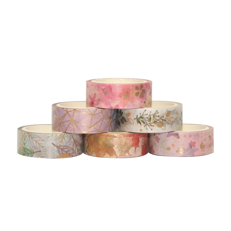 6 Rolls Washi Tape Set Floral Gold Foil Washi Masking Tape 15mm Wide Plant Leaves Flower Decorative Adhesive Tape Sticker for DIY Arts & Crafts Journals Planners Scrapbooking Card Gift Wrapping - Image 2