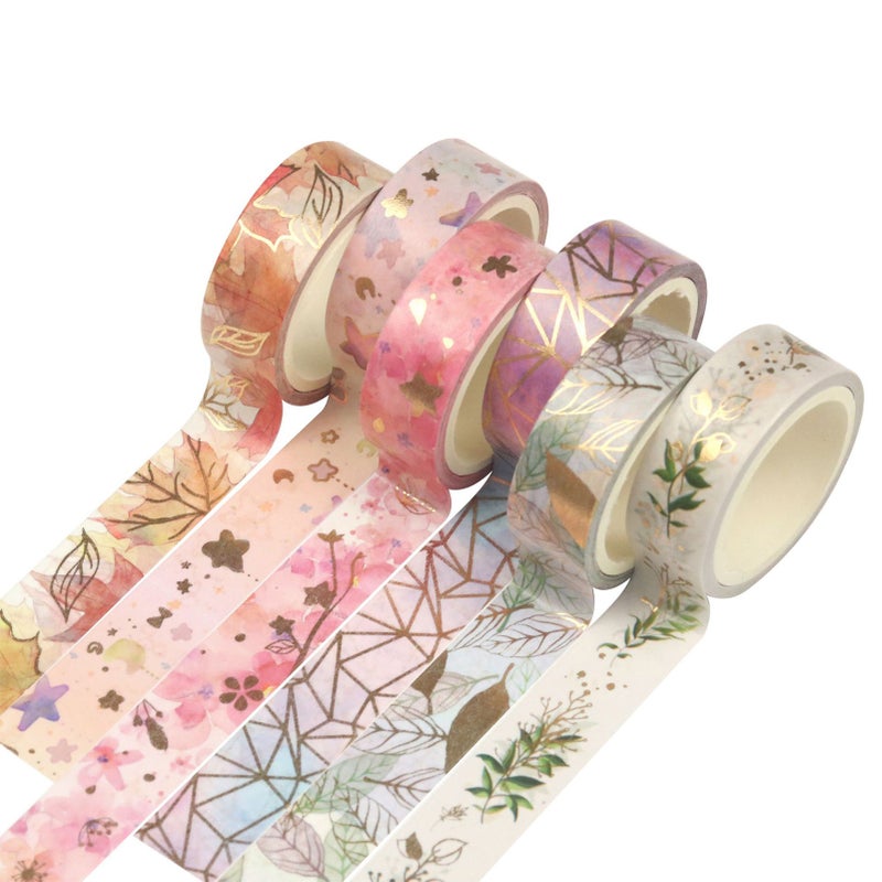6 Rolls Washi Tape Set Floral Gold Foil Washi Masking Tape 15mm Wide Plant Leaves Flower Decorative Adhesive Tape Sticker for DIY Arts & Crafts Journals Planners Scrapbooking Card Gift Wrapping - Image 1