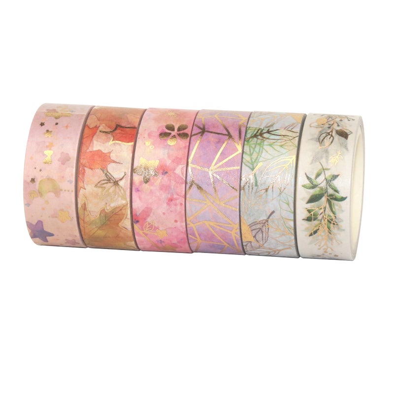 6 Rolls Washi Tape Set Floral Gold Foil Washi Masking Tape 15mm Wide Plant Leaves Flower Decorative Adhesive Tape Sticker for DIY Arts & Crafts Journals Planners Scrapbooking Card Gift Wrapping - Image 4