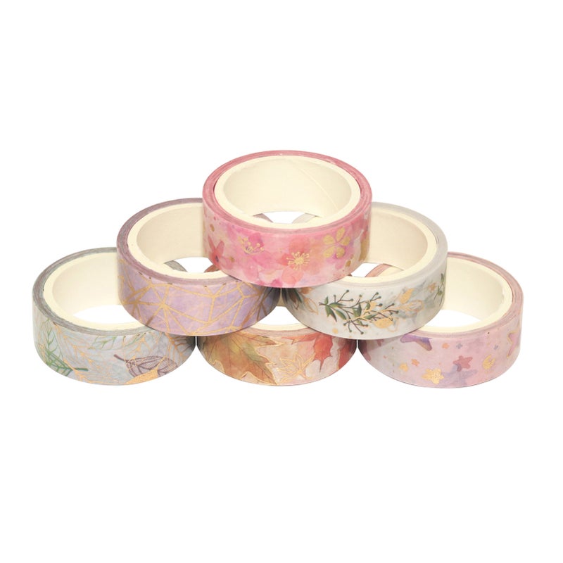 6 Rolls Washi Tape Set Floral Gold Foil Washi Masking Tape 15mm Wide Plant Leaves Flower Decorative Adhesive Tape Sticker for DIY Arts & Crafts Journals Planners Scrapbooking Card Gift Wrapping - Image 3