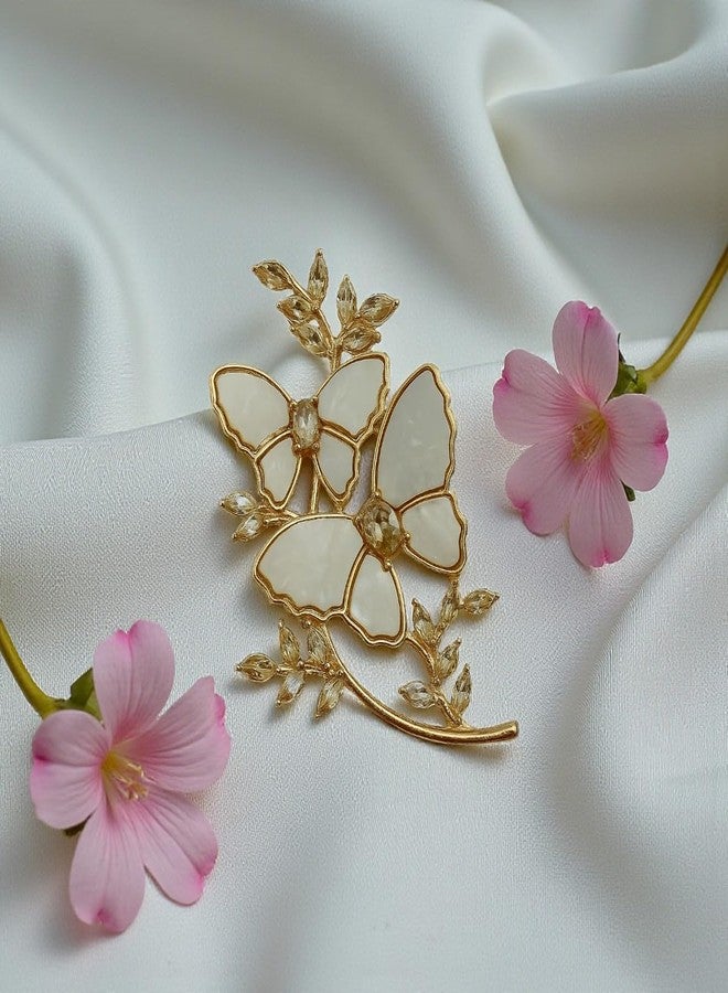 AccessHer Women's & Girls Gold Tone White Enamel Crystal Studded Brooch & Pin For Saree Pleats, Saree Pallu Clip, Hijab, Dupatta Pin, Decorative Lapel Brooch for Wedding - Image 3