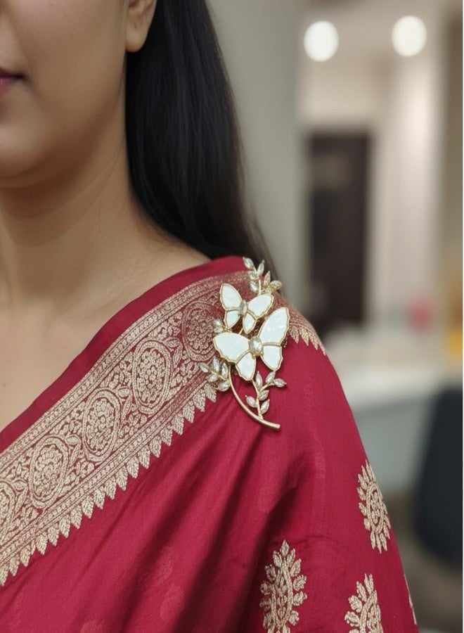 AccessHer Women's & Girls Gold Tone White Enamel Crystal Studded Brooch & Pin For Saree Pleats, Saree Pallu Clip, Hijab, Dupatta Pin, Decorative Lapel Brooch for Wedding - Image 2