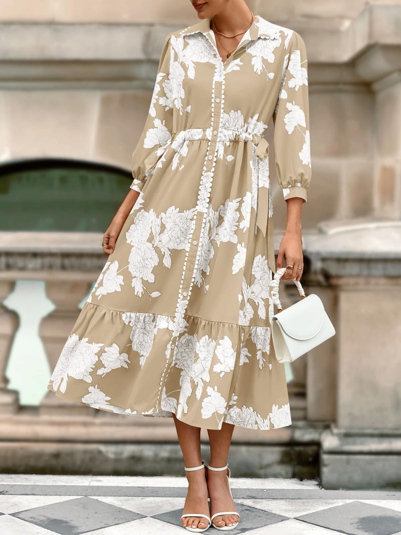 Wenrine Womens Maxi Shirt Dress Casual Floral Collared 3/4 Long Sleeve Drawstring Waist Fall Button Down Dresses Khaki - Image 2