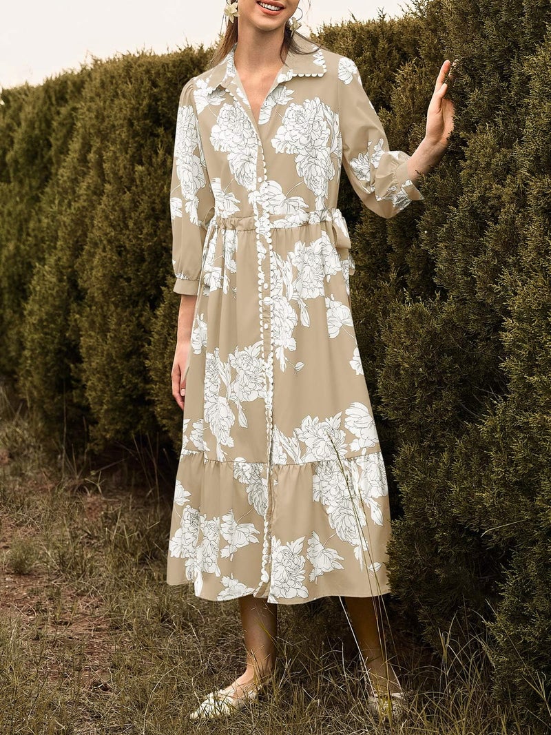 Wenrine Womens Maxi Shirt Dress Casual Floral Collared 3/4 Long Sleeve Drawstring Waist Fall Button Down Dresses Khaki - Image 5