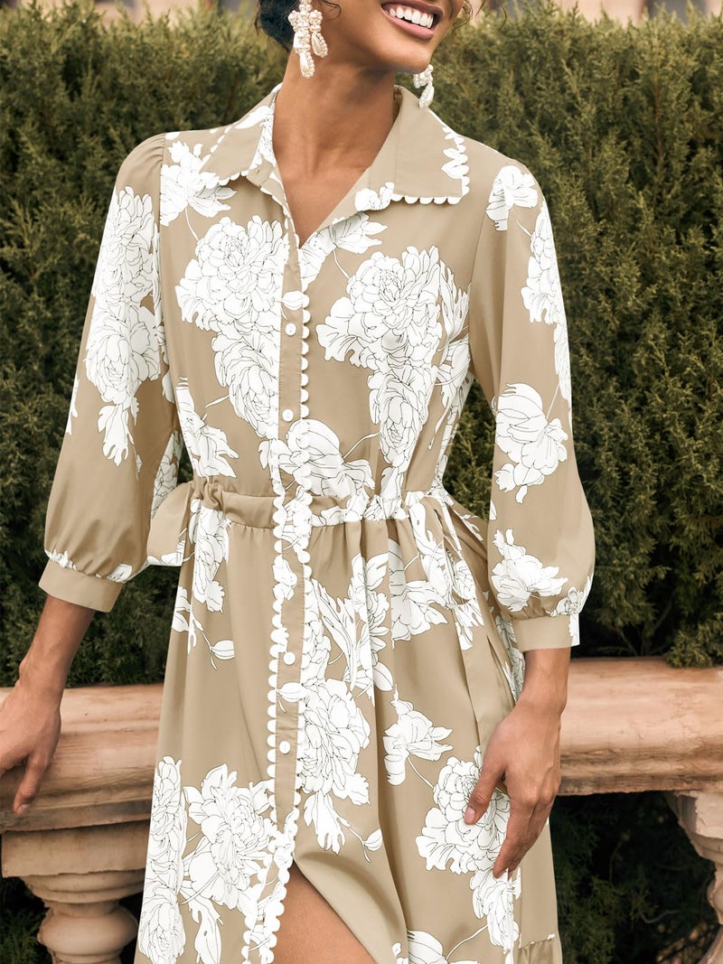 Wenrine Womens Maxi Shirt Dress Casual Floral Collared 3/4 Long Sleeve Drawstring Waist Fall Button Down Dresses Khaki - Image 4