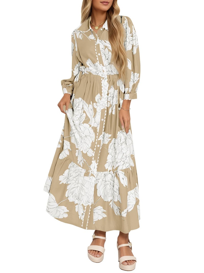 Wenrine Womens Maxi Shirt Dress Casual Floral Collared 3/4 Long Sleeve Drawstring Waist Fall Button Down Dresses Khaki - Image 1