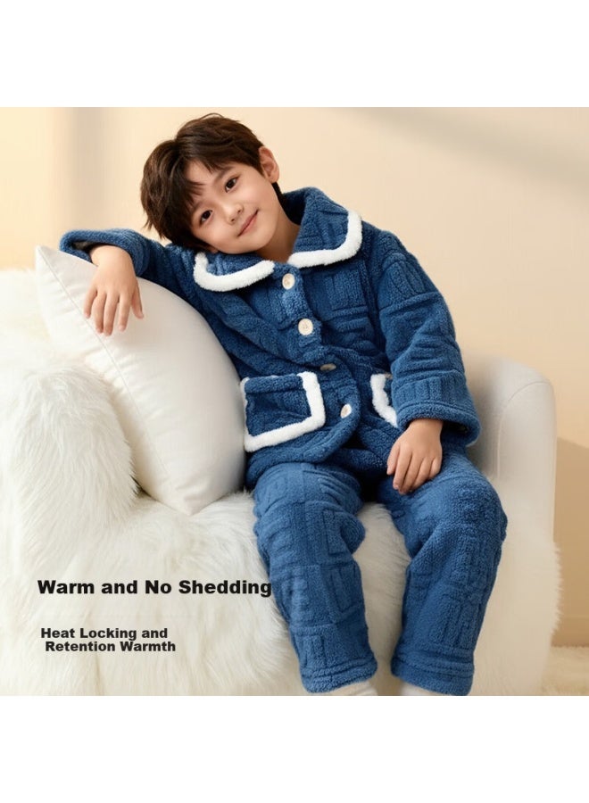 Zisehy Purple Floral Language Winter Boys' Pajamas Thickened Flannel Navy Blue 140 - Image 1