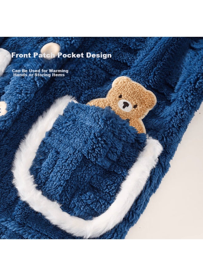 Zisehy Purple Floral Language Winter Boys' Pajamas Thickened Flannel Navy Blue 140 - Image 4