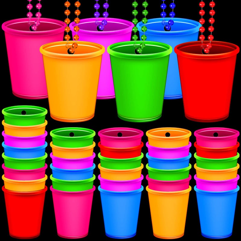 Sureio 24 Pieces Shot Glass Necklaces Light Up Necklace Shot Glasses Glow in the Dark Neon Plastic Shot Necklace Cups on Beaded for Halloween Christmas Wedding Glowing Party Favor 6 Colors - Image 2