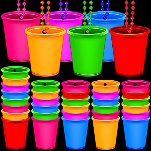 Sureio 24 Pieces Shot Glass Necklaces Light Up Necklace Shot Glasses Glow in the Dark Neon Plastic Shot Necklace Cups on Beaded for Halloween Christmas Wedding Glowing Party Favor 6 Colors - Image 1