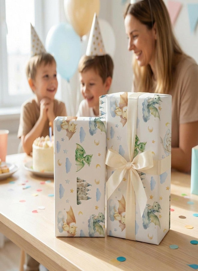 Liobelon 4 Sheet Dragon Wrapping Paper 27.5x39inch Dragon Castle Gift Wrap Paper, Fairy-Tale Watercolor Design Gift Packing for Kids Birthday Decor, Boys, Baby Shower, DIY Crafts, Scrapbooking - Image 4