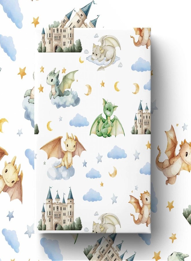 Liobelon 4 Sheet Dragon Wrapping Paper 27.5x39inch Dragon Castle Gift Wrap Paper, Fairy-Tale Watercolor Design Gift Packing for Kids Birthday Decor, Boys, Baby Shower, DIY Crafts, Scrapbooking - Image 1