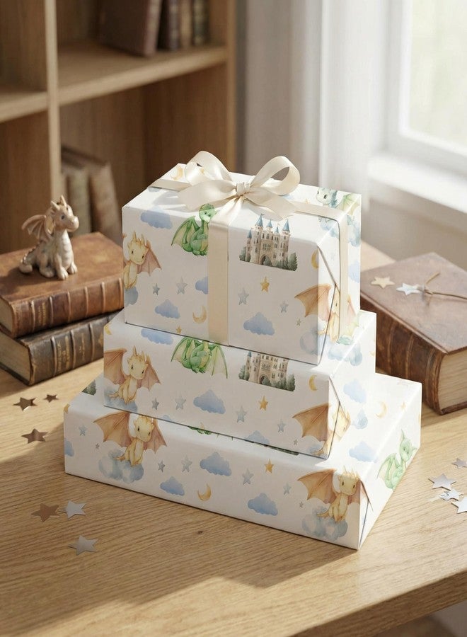 Liobelon 4 Sheet Dragon Wrapping Paper 27.5x39inch Dragon Castle Gift Wrap Paper, Fairy-Tale Watercolor Design Gift Packing for Kids Birthday Decor, Boys, Baby Shower, DIY Crafts, Scrapbooking - Image 5