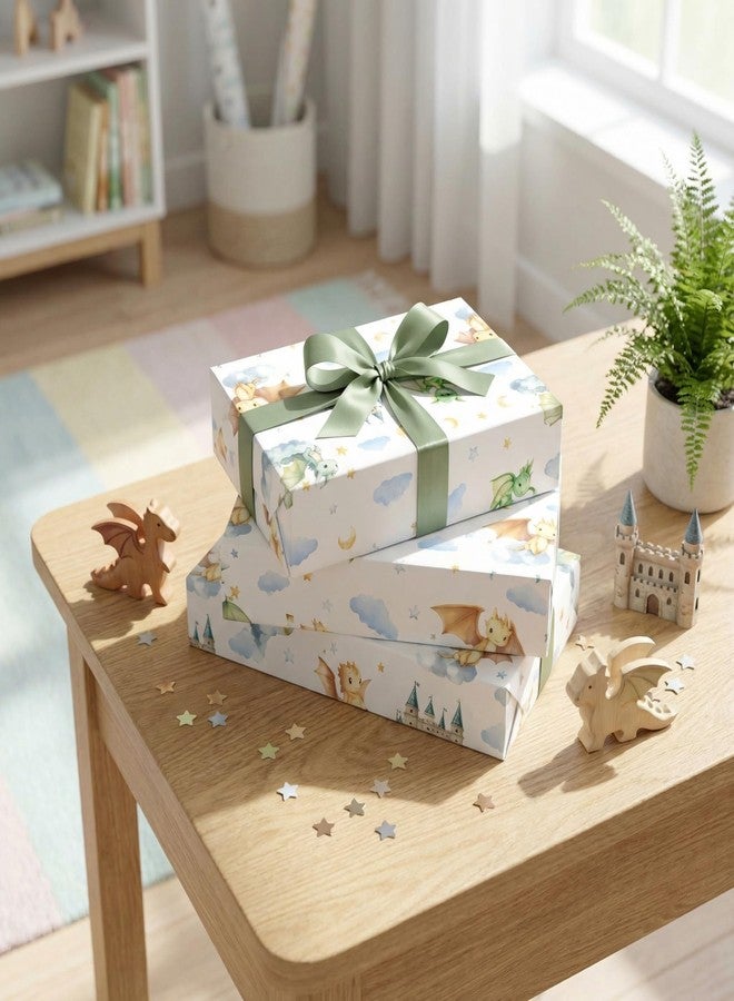 Liobelon 4 Sheet Dragon Wrapping Paper 27.5x39inch Dragon Castle Gift Wrap Paper, Fairy-Tale Watercolor Design Gift Packing for Kids Birthday Decor, Boys, Baby Shower, DIY Crafts, Scrapbooking - Image 2