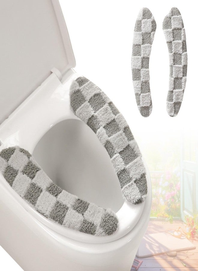 Iensen Thick and Warm Plush Toilet Seat Cover - Washable, Reusable Cushion with TPR Adhesive & Checkered Pattern for Comfort & Insulation (Grey) - Image 1