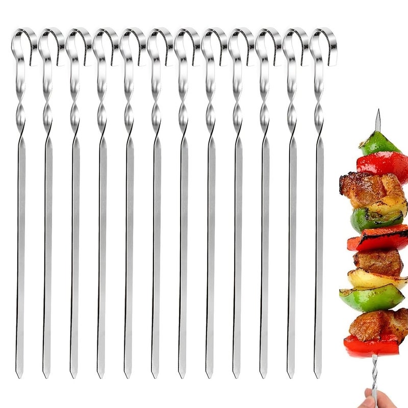 12 Pcs Stainless Steel Flat Barbecue Skewers 33cm Reusable For Camping Family Outdoor Party Cooking - Image 2