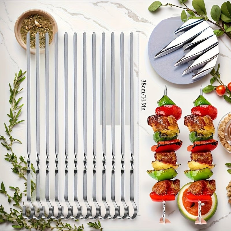 12 Pcs Stainless Steel Flat Barbecue Skewers 33cm Reusable For Camping Family Outdoor Party Cooking - Image 4