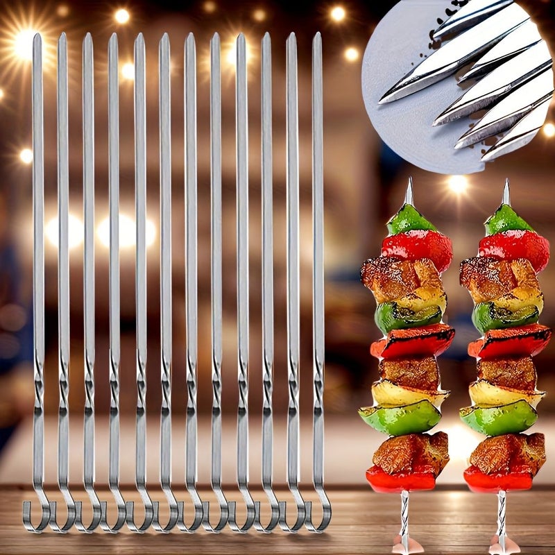 12 Pcs Stainless Steel Flat Barbecue Skewers 33cm Reusable For Camping Family Outdoor Party Cooking - Image 1