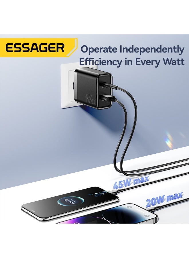 Essager 65W Dual USB Charger (USB-A and Usb-C) Qualcomm Quick Charge 3.0 Compatible with MacBook Pro, iPad, Galaxy, Pixel, iPhone and More - Black - Image 4