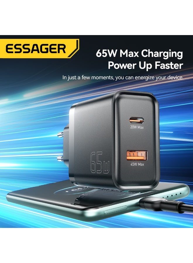 Essager 65W Dual USB Charger (USB-A and Usb-C) Qualcomm Quick Charge 3.0 Compatible with MacBook Pro, iPad, Galaxy, Pixel, iPhone and More - Black - Image 3