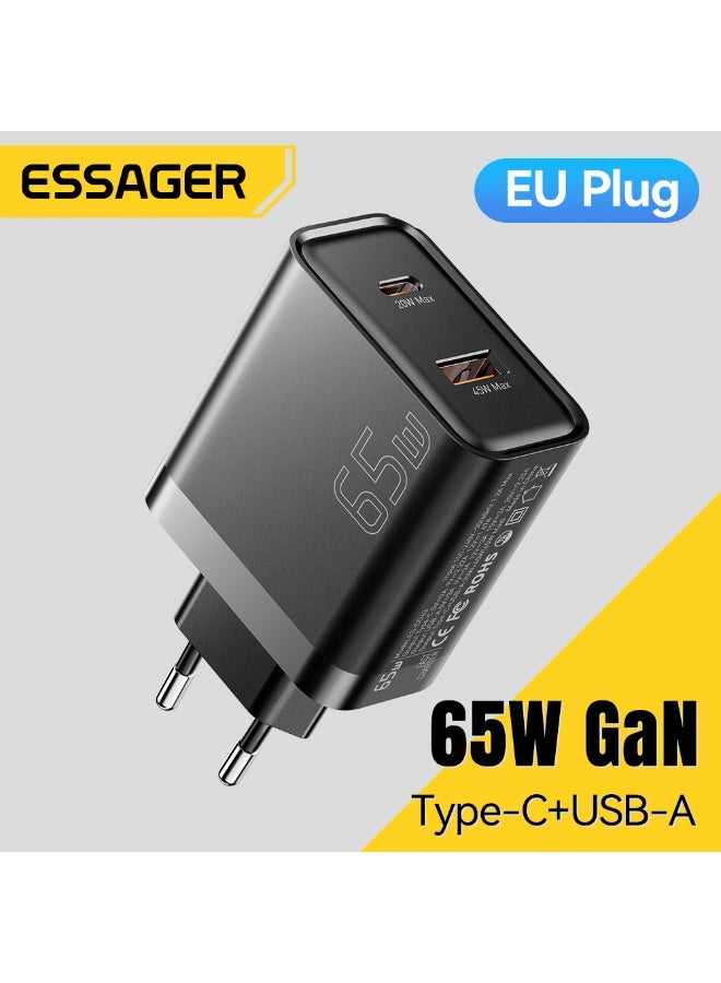 Essager 65W Dual USB Charger (USB-A and Usb-C) Qualcomm Quick Charge 3.0 Compatible with MacBook Pro, iPad, Galaxy, Pixel, iPhone and More - Black - Image 2