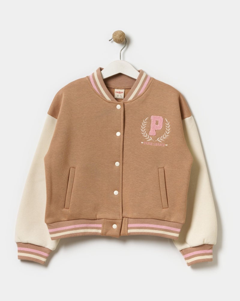 Minipodyum Girls Paris Slogan Embroidered Snap Front Closure Bomber College Jacket  - Image 1