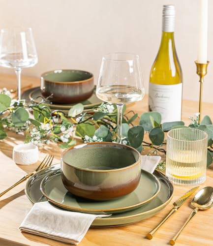 TheTerra Ceramic Dinnerware Sets for 6, 18 Pieces Handmade Reactive Glaze Plates and Bowls Set, Scratch Resistant Dish Set, Oven & Microwave & Dishwasher Safe, Sage Umber - Image 5