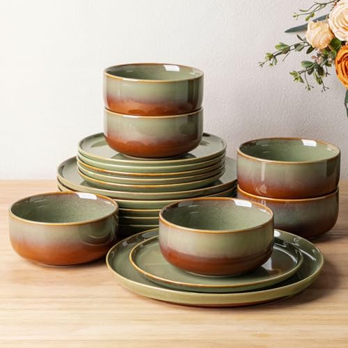 TheTerra Ceramic Dinnerware Sets for 6, 18 Pieces Handmade Reactive Glaze Plates and Bowls Set, Scratch Resistant Dish Set, Oven & Microwave & Dishwasher Safe, Sage Umber - Image 1