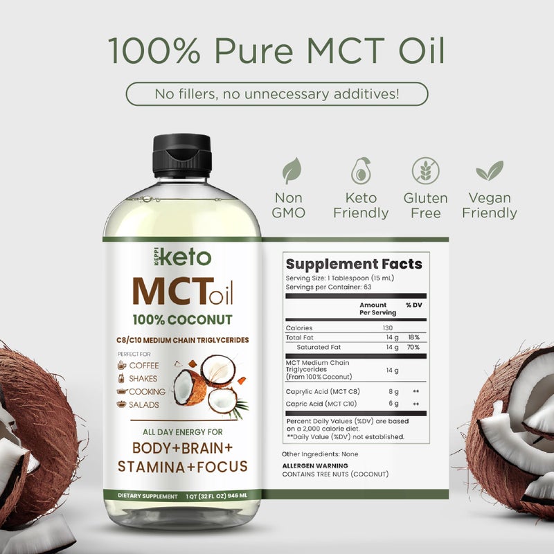 Keppi Keto MCT Oil - Flavorless C8 and C10, Non-GMO, Certified Gluten-Free, Palm Oil Free, Vegan, Kosher, Halal, 32 oz Coconut Oil - Image 2
