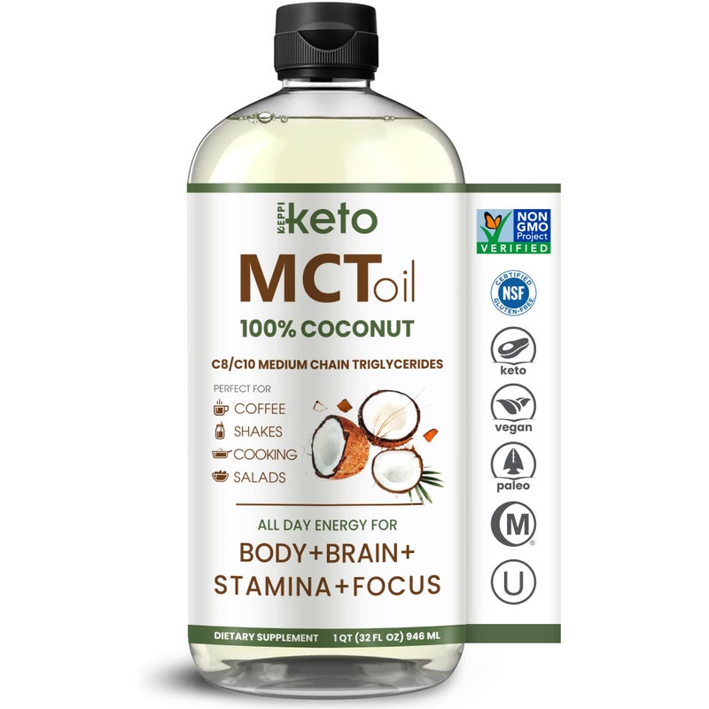 Keppi Keto MCT Oil - Flavorless C8 and C10, Non-GMO, Certified Gluten-Free, Palm Oil Free, Vegan, Kosher, Halal, 32 oz Coconut Oil - Image 1