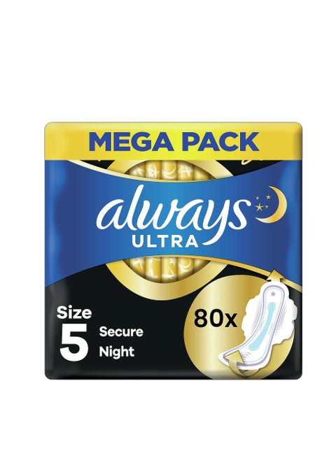 Always Ultra Sanitary Towels Secure Night Extra (Size 5) Wings 80 Pads Super Absorbent, Ultra Thin, Neutralises Odours, All Around Coverage