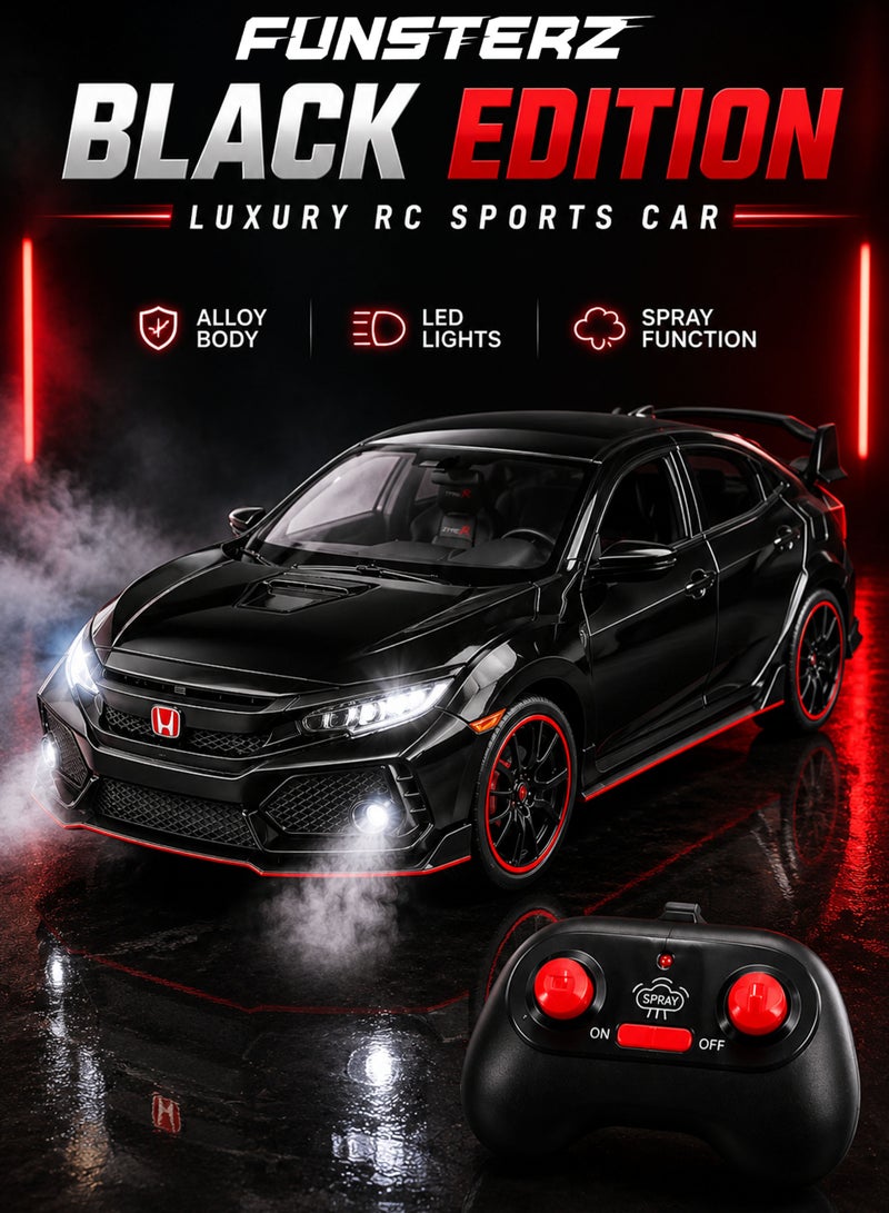 Funsterz 1:22 RC Civic Type-R Spray Alloy Car with LED Lights Sound Effects 2.4GHz Remote Control Rechargeable Die-Cast Sports Car Opening Doors Hood Trunk Realistic RC Drift Toy Car for Kids Boys Girls 6+ Red - Image 1
