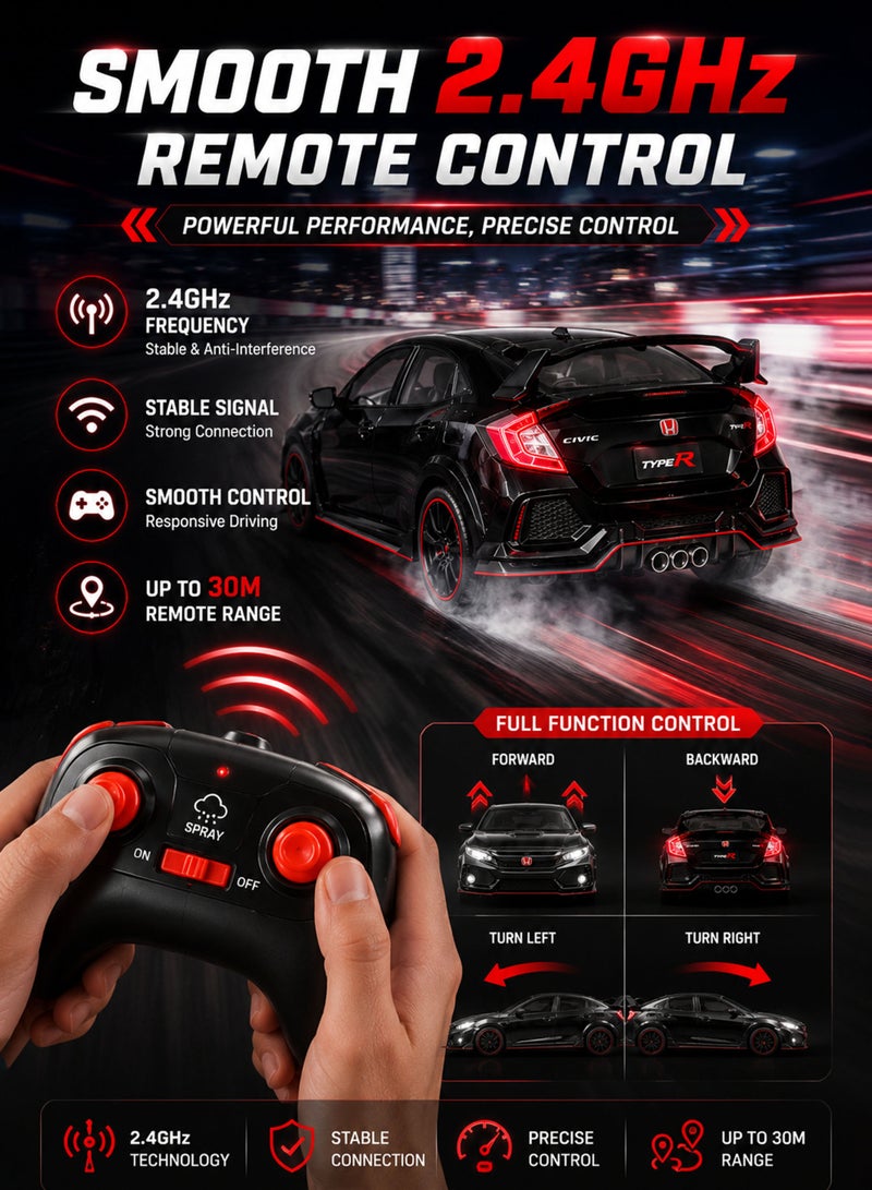 Funsterz 1:22 RC Civic Type-R Spray Alloy Car with LED Lights Sound Effects 2.4GHz Remote Control Rechargeable Die-Cast Sports Car Opening Doors Hood Trunk Realistic RC Drift Toy Car for Kids Boys Girls 6+ Red - Image 4