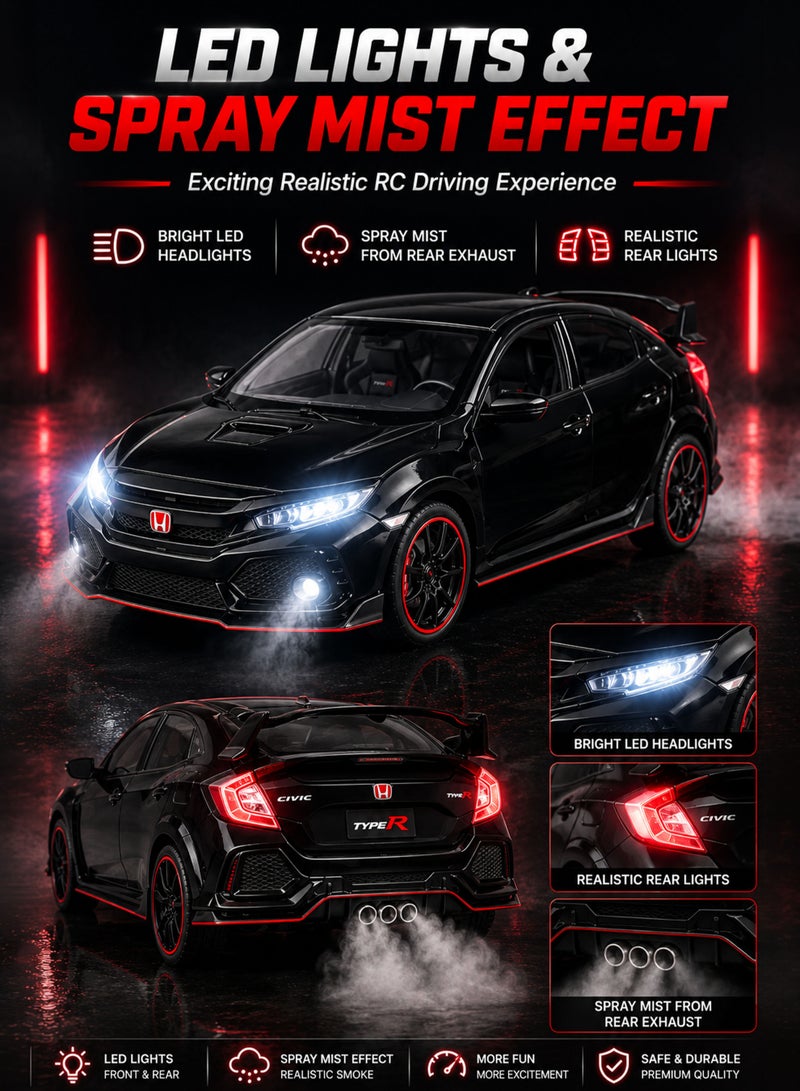Funsterz 1:22 RC Civic Type-R Spray Alloy Car with LED Lights Sound Effects 2.4GHz Remote Control Rechargeable Die-Cast Sports Car Opening Doors Hood Trunk Realistic RC Drift Toy Car for Kids Boys Girls 6+ Red - Image 3