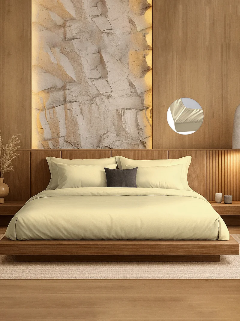مالبيري ليفينج King Fitted Bedsheet Set-300 TC Silken Berry Art Silk Satin. 1 Sheet 180x200x30 cm / 2 Pillow Covers: 50x75 cm - Beige