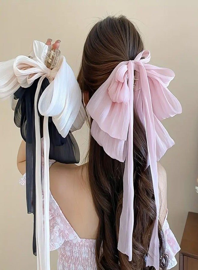 Ashkash 1pc Elegant Large Bow Hair Claw Clip - Sweet French Style, Solid Color Chiffon Fabric with Flowing Ribbon Tail, Perfect for Half-Up Hairstyles & Enhancing Volume - Chic and Gentle on Hair Accessories,Fabric Bow Clip, Cute Hair Clips - Image 1
