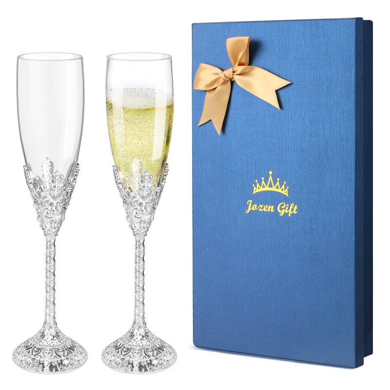 Jozen Gift Jozen Gift Champagne Flutes  Set of 2 Champagne GlassesToasting Flute PairCrystal GlassesMetal Base Wedding Anniversary Party Birthday BanquetsGifts for Bride and Groom 6 ozSilver