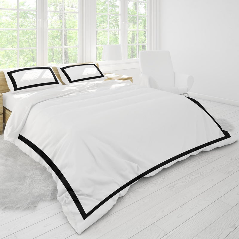 Bed N Home, Decorative Duvet cover set, plain, White, Black Outer Border Design (220x240cm)